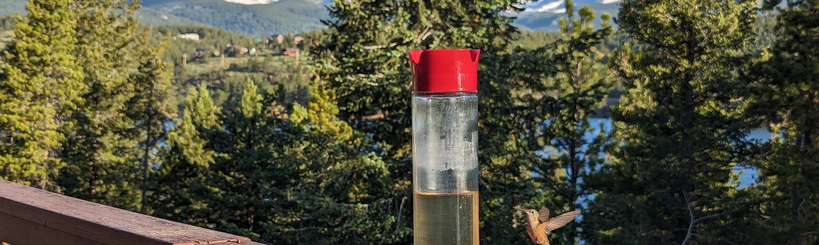 A hummingbird flies towards a feeder and another one with emerald feather is feeding. The feeder is sitting on a wooden rail. Trees and mountains are in the background.
