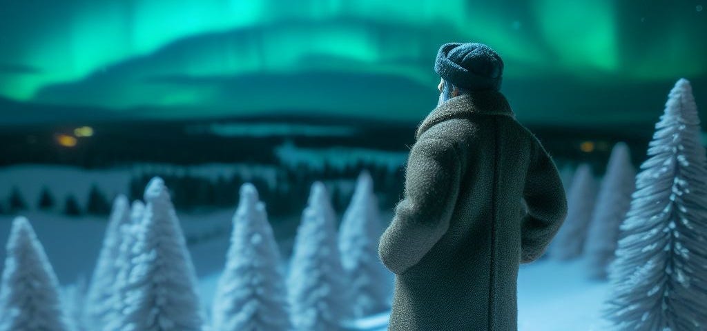 a diorama of an old man dressed in a winter coat, snow boots, and winter hat standing all alone at the top of snow-covered sledding hill looking down at a pine tree forest in the background at dusk with the aurora borealis above