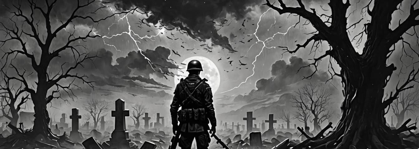 Silhouette of a soldier standing in battlefield amidst grave crosses