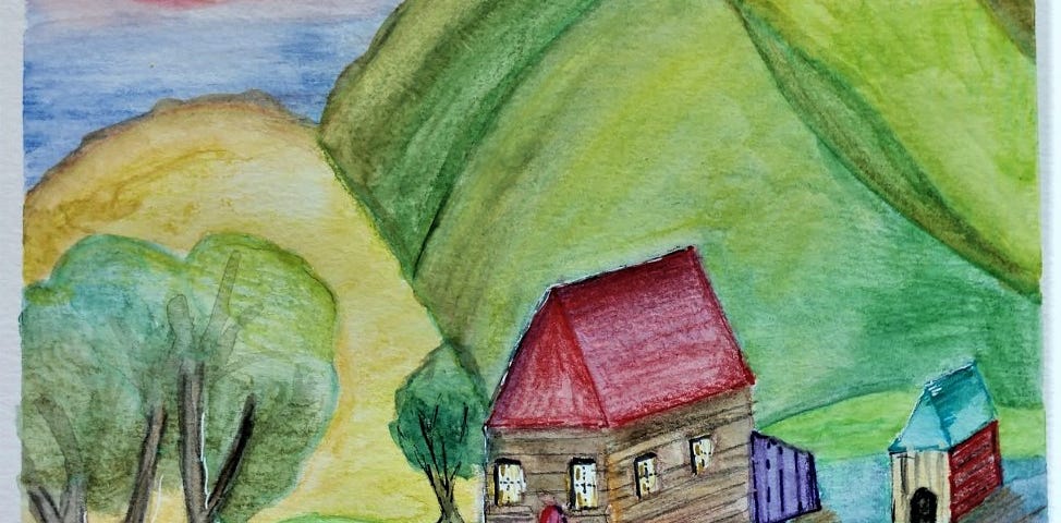 A watercolor pencil drawing of houses on a small farm with mountains in the back. Art with watercolor pencils.