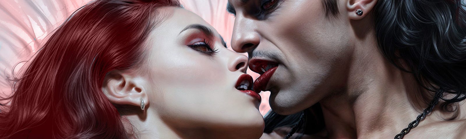 Sexy vampire looking man with fangs kissing a woman in bed. Erotic image for erotic story