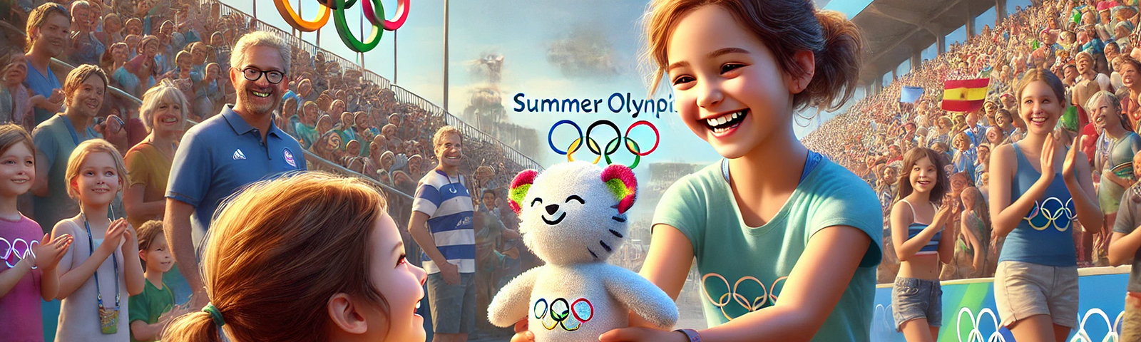 Emily joyfully giving an Olympic mascot plushie to another little girl at the Summer Olympics in Paris. This scene captures Emily’s act of generosity and the happiness it brings to both her and the grateful recipient, with her dad watching proudly in the background.