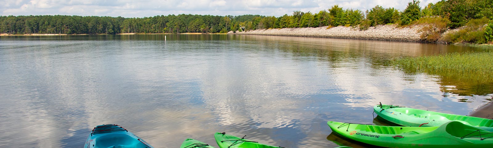 Five kayaks sitting along the bank of Jordan Lake, the trees and clouds outstretched along the horizon.