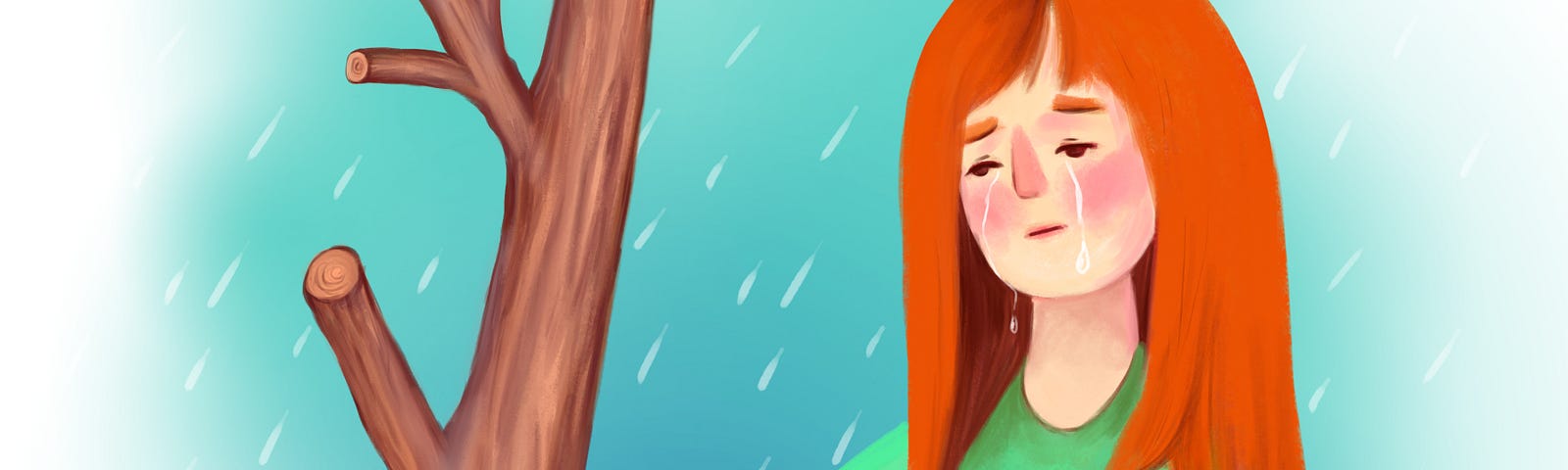 A cartoon of a orangish-red head, young lady with green long sleeve sweater, grey slacks and orangish-red shoes sitting on grass next to a short tree under its single large leaf seeking solace from the falling rain.