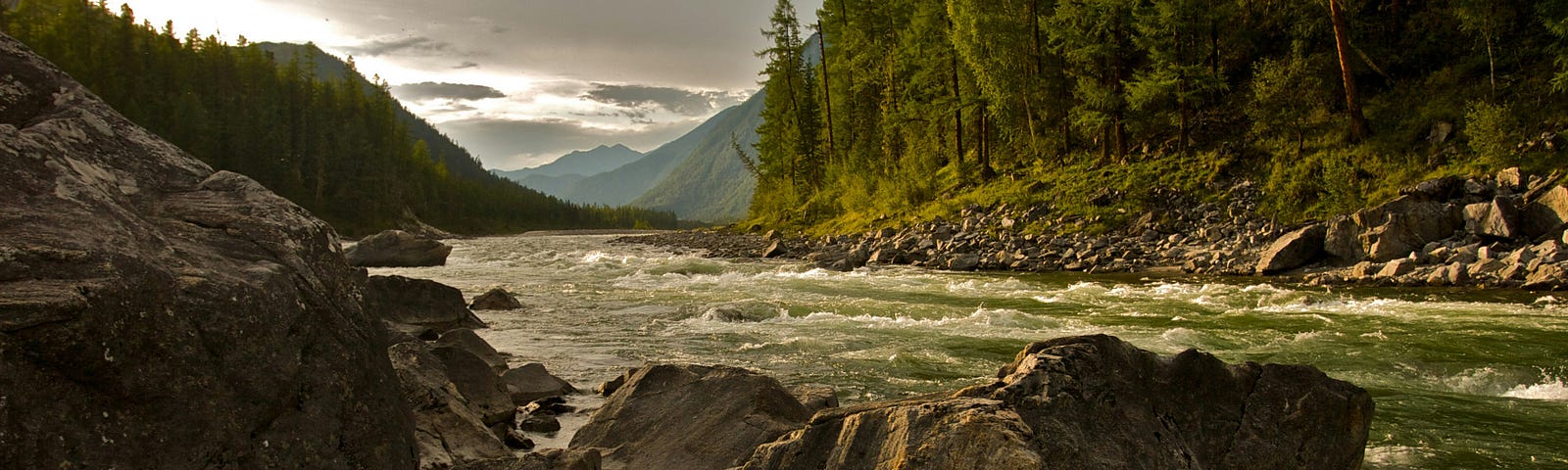 A river, with banks lined with rocks and trees, rushes down from the mountains.