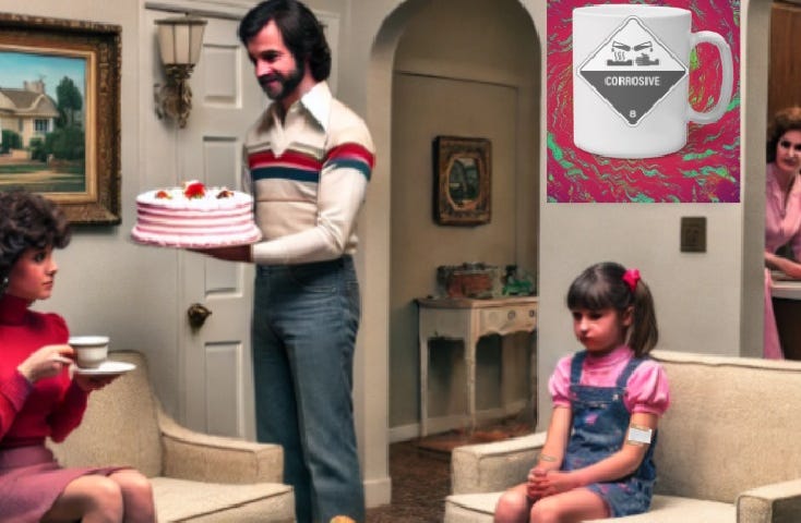 1980s living room with a psychedelic poster on the wall celebrating hazardous waste coffee. A man delivers a cake to an uncomfortable woman while a young girl, dog, and another woman look on.