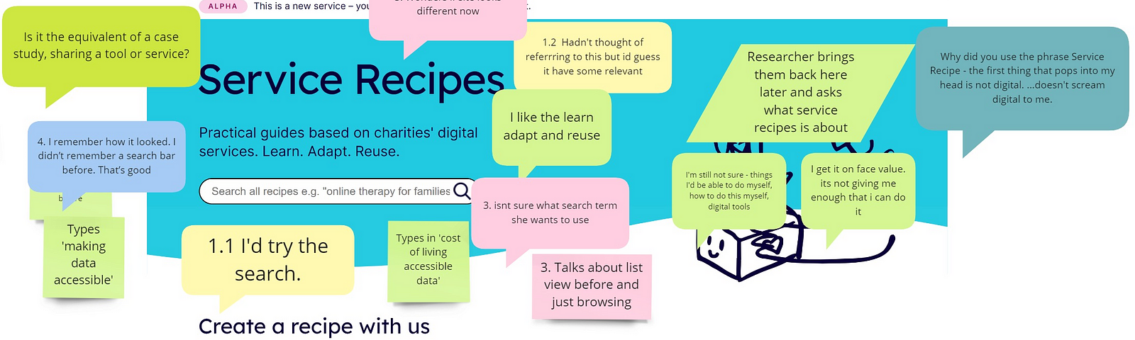 A screenshot fo the Service Recipes homepage with lots of postit notes of people’s comments and experience when they tested the site.