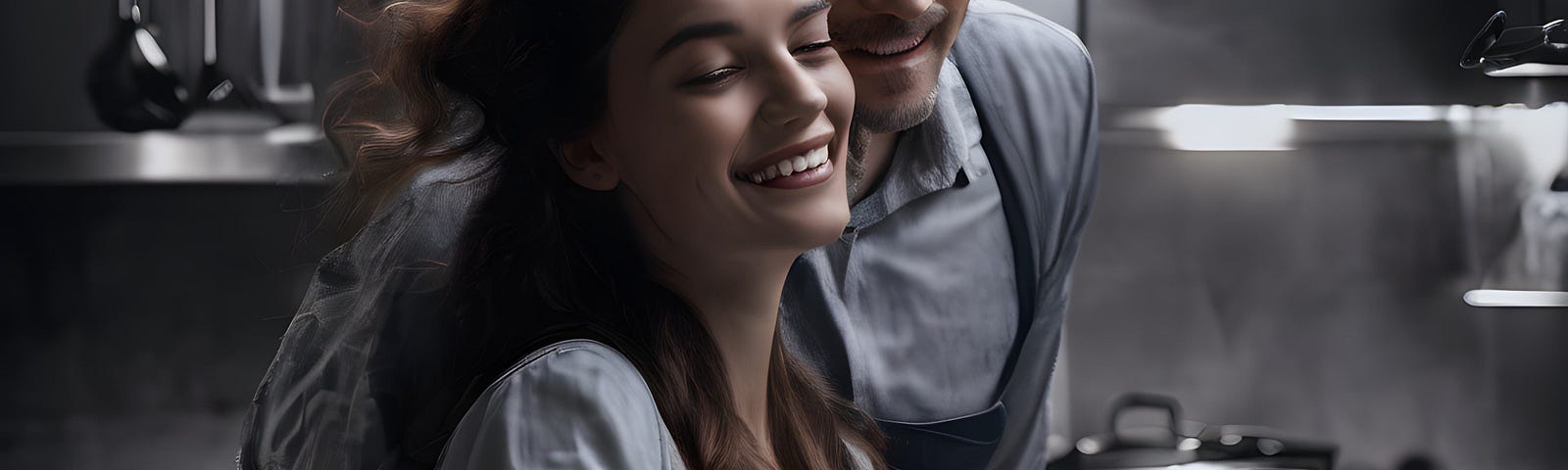 A man and a woman flirting in the kitchen.