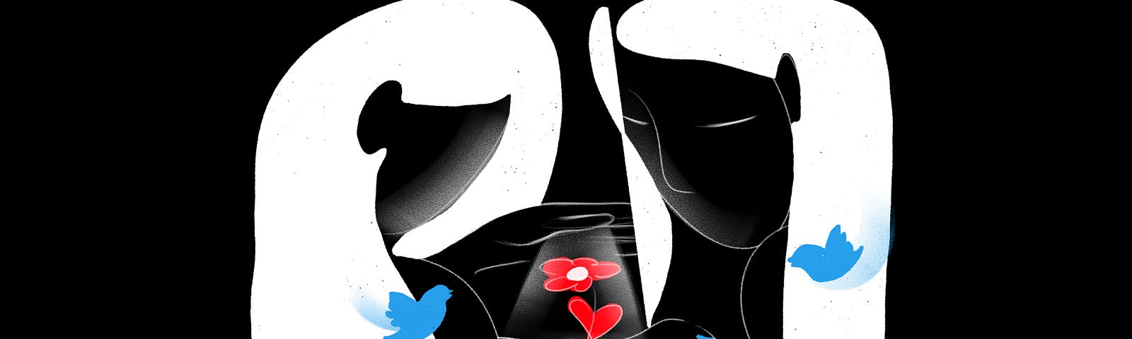 Illustration of two girls conjuring a flower made of hearts while blue twitter birds circle them.