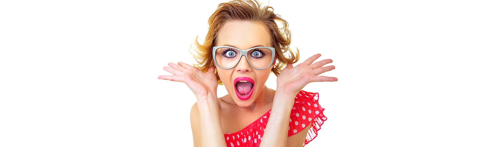 Very surprised woman wearing big glasses