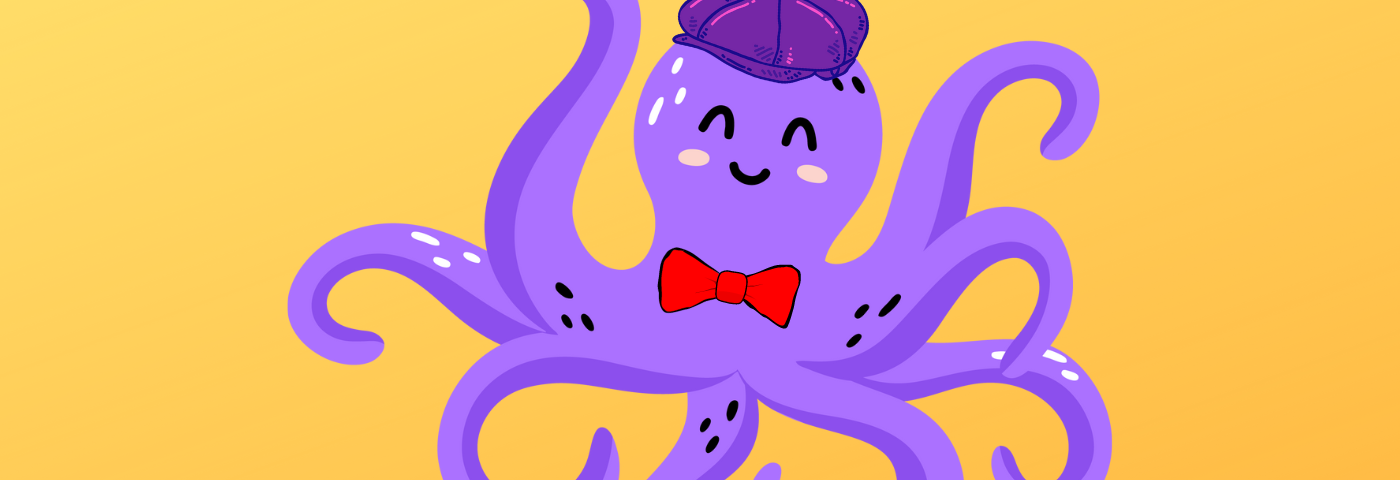 Purple cartoon octopus wearing flat cap and red bowtie