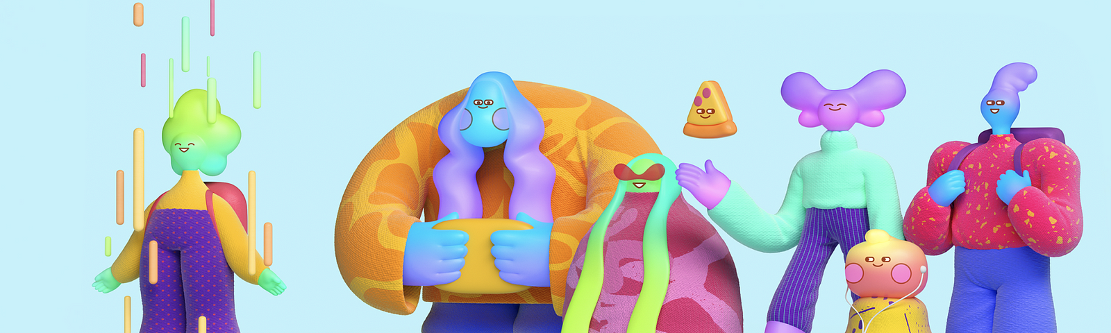 Cute 3D characters of different sizes, shapes, and color stand together.