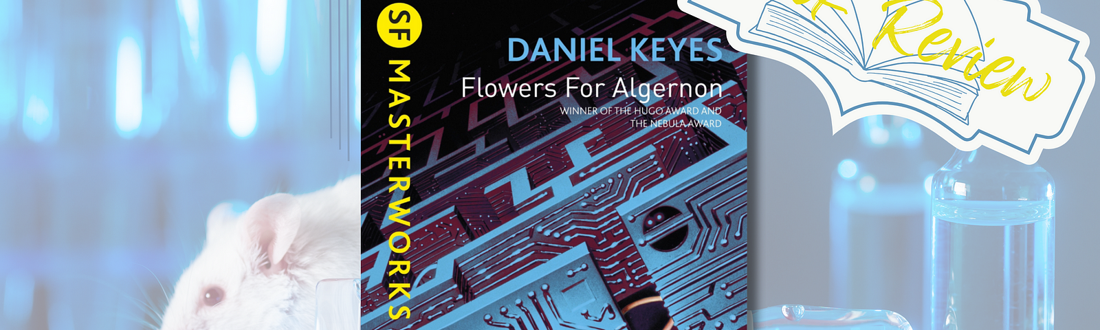 A white lab rat in the background and in the cover of Daniel Keyes’ book: Flowers for Algernon.