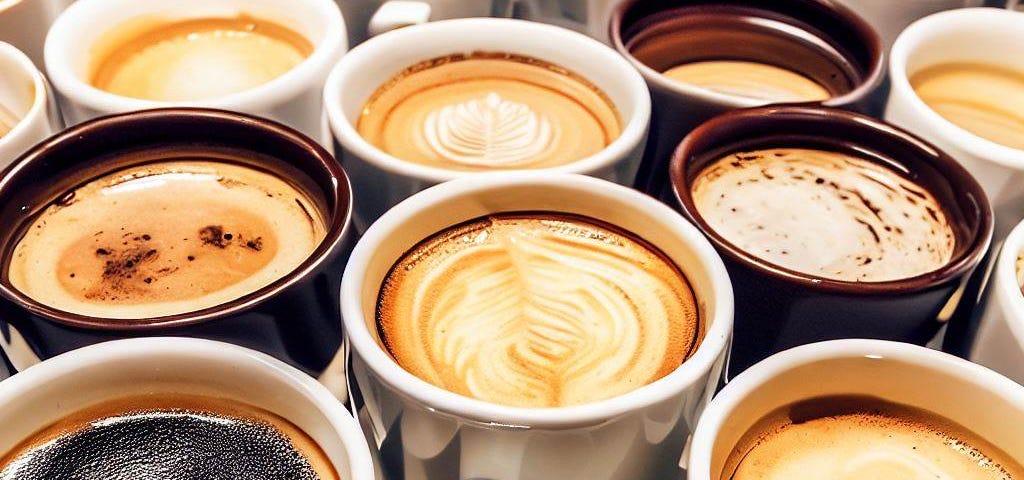 a photo of an assortment of coffee cups, each filled with different coffee styles (e.g., latte, cappuccino, espresso, black coffee).