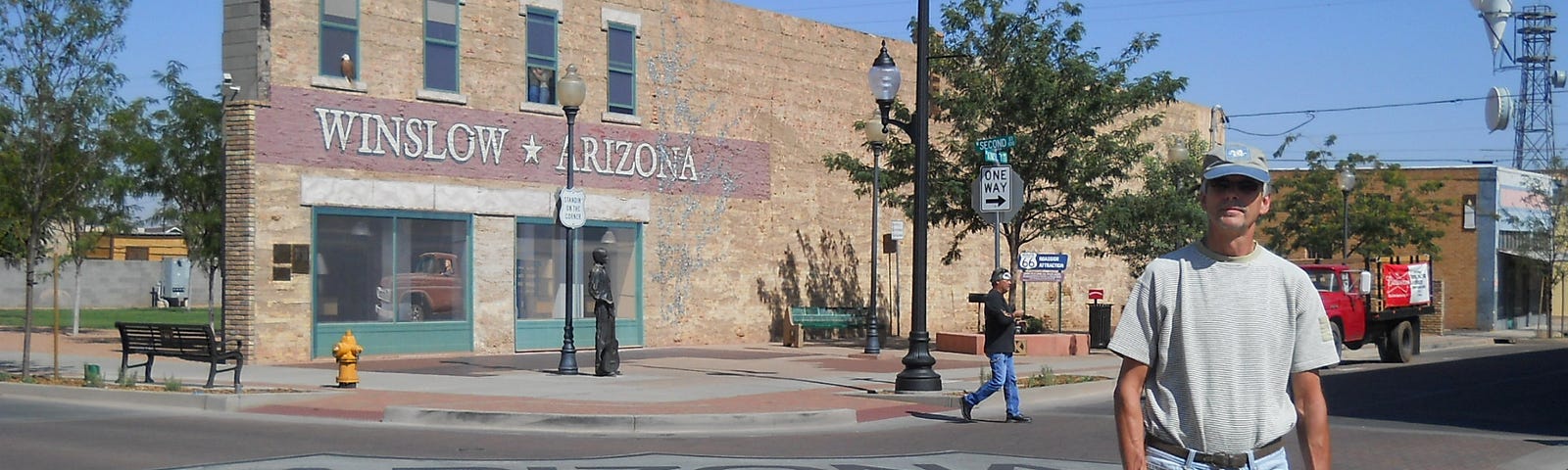 Photo showing an individual posing ‘Standing on the corner’ of Winslow, Arizona, USA on Route 66 the ‘Mother Road’