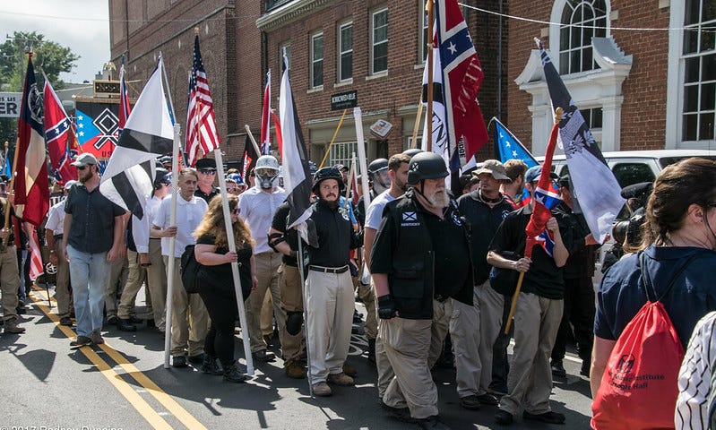 Protestors gather at the Unite the Right rally in Charlottesville, VA, on August 12, 2017.