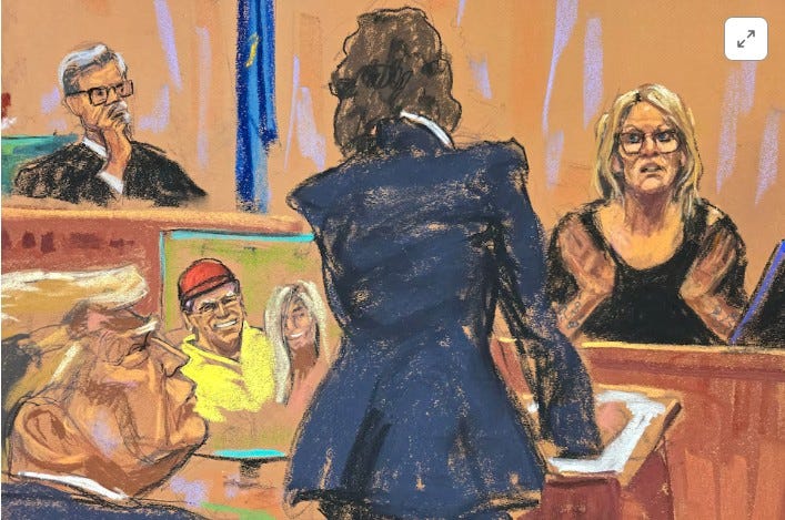 A sketch artists rendition of porn star Stormy Daniels Testifying in Donald Trump hush money case