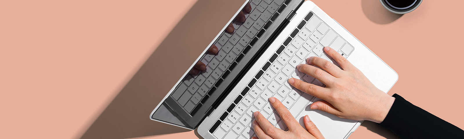 Two hands resting on the keyboard of a laptop, next to a succulent houseplant, a cup of coffee, and a small notebook.