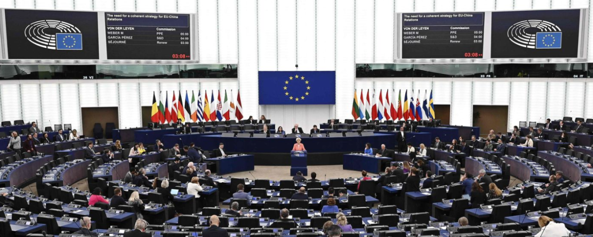 A view of the EU parliament seats and platform.