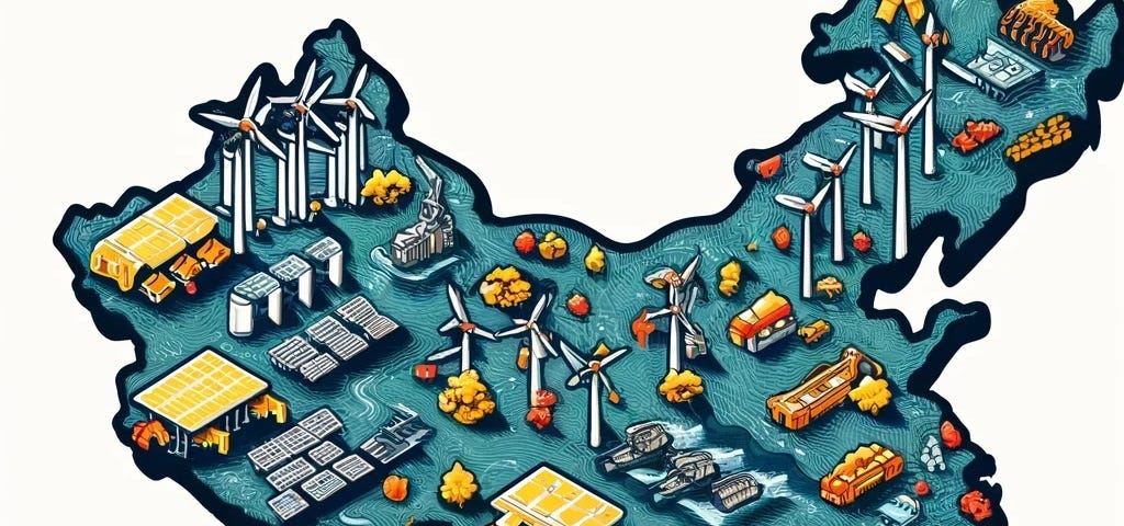 IMAGE: A map of China filled with wind turbines, hydroelectric dams and solar panels