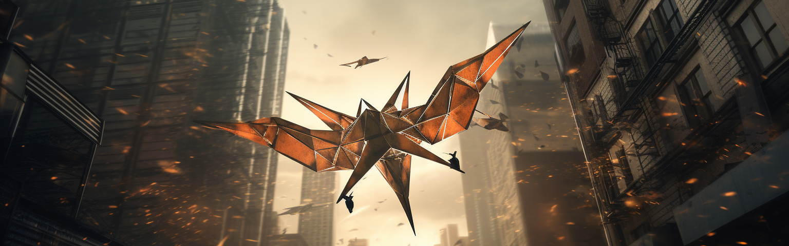 Midjourney generated image of an origami crane with quadcopter blades flying over a city