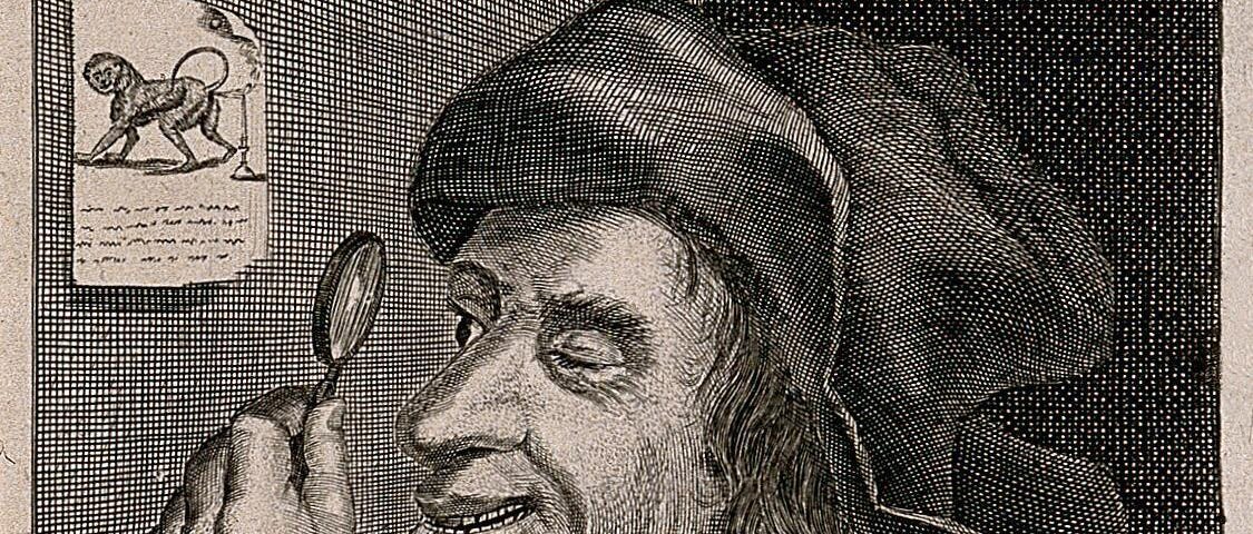 An etching of a man looking through a magnifying glass at a picture of a monkey, whose flatulence extinguishes the flame of a candle