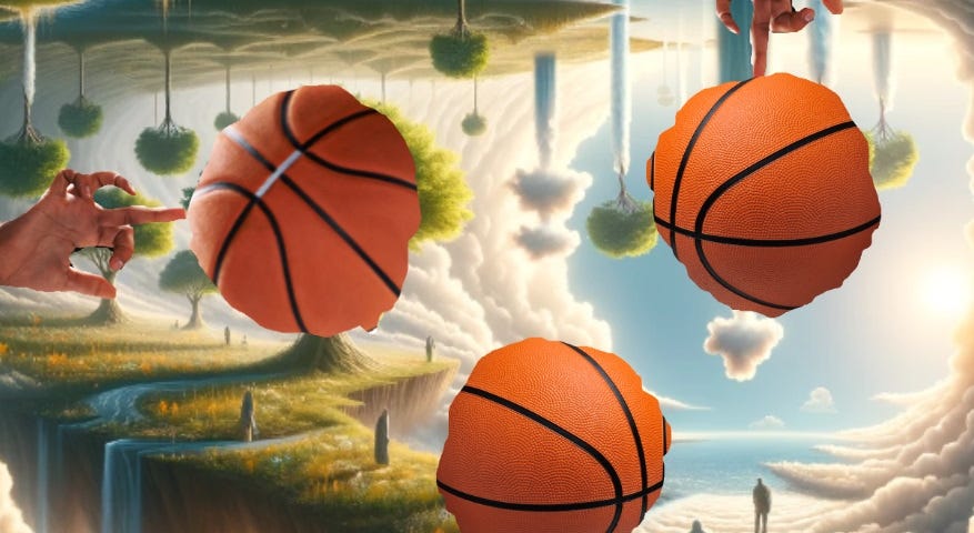 Surrealist painting of a landscape with upside down trees and clouds. Three basketballs are shown in the foreground being spun on fingers, one upright, one upside down, and one sideways.