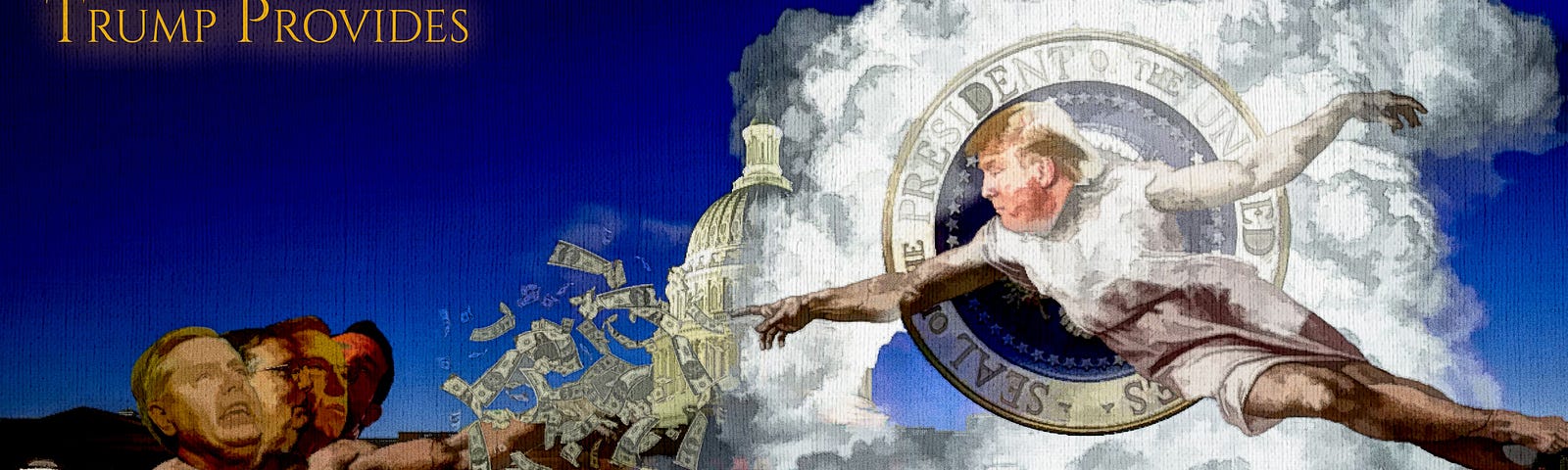 Trump reaching from the clouds to a four-headed Senator
