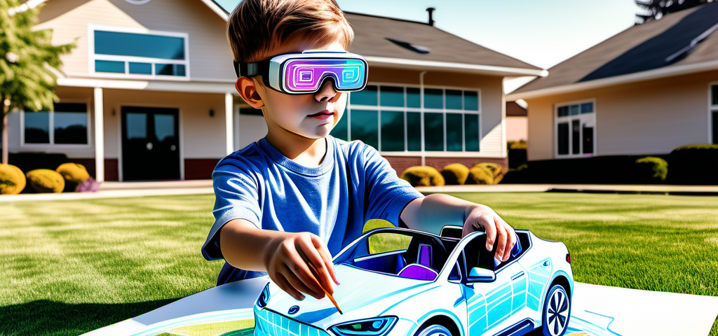 Child wearing augmented reality glasses learning about electric vehicles