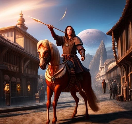 A handsome sorcerer rides on a horse through the marketplace.