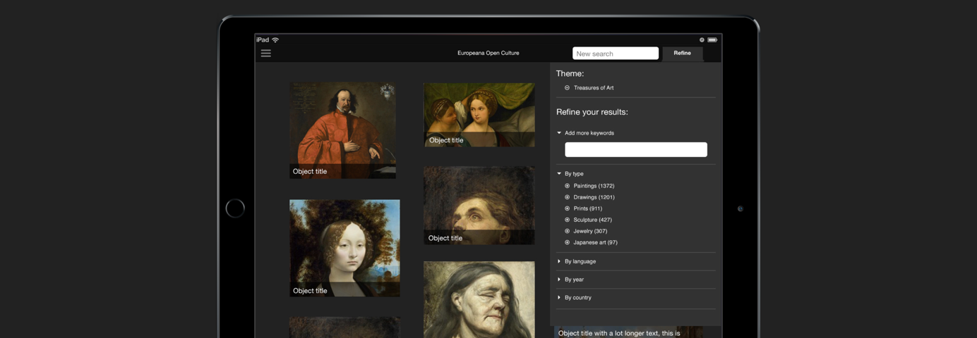 The Europeana Open Culture iOS app, showing a number of high resolution images and a filter to find content easier.