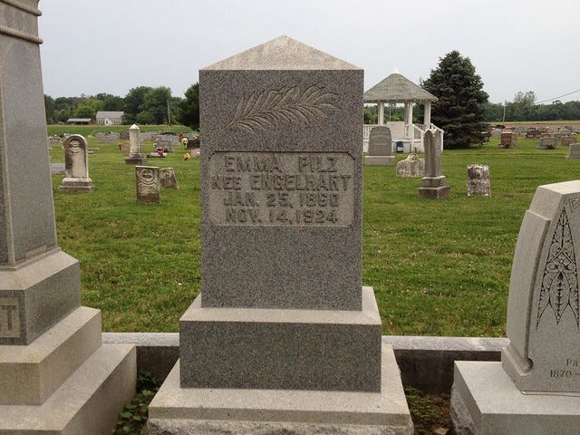 The headstone of Mrs. Emma Pilz, St. James Cemetery, Edwardsville, Madison County Illinois
