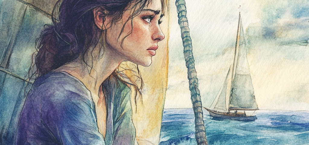 watercolor style painting of a woman alone on a sailboat, looking into the distance