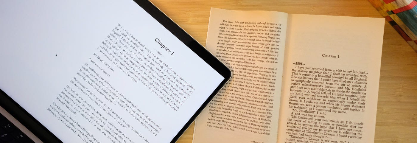 A page with the words “Chapter 1" at the top is shown both in an open paperback book (on the right), and in an e-book displayed on a tablet (on the left).