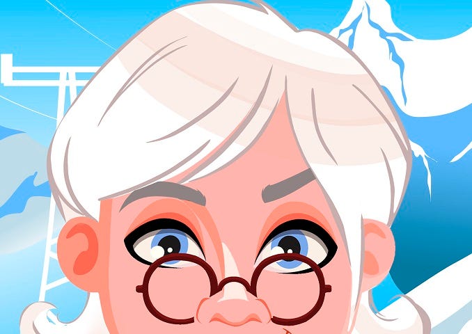 A cartoon face depicting Granny Gloria, who loves to read