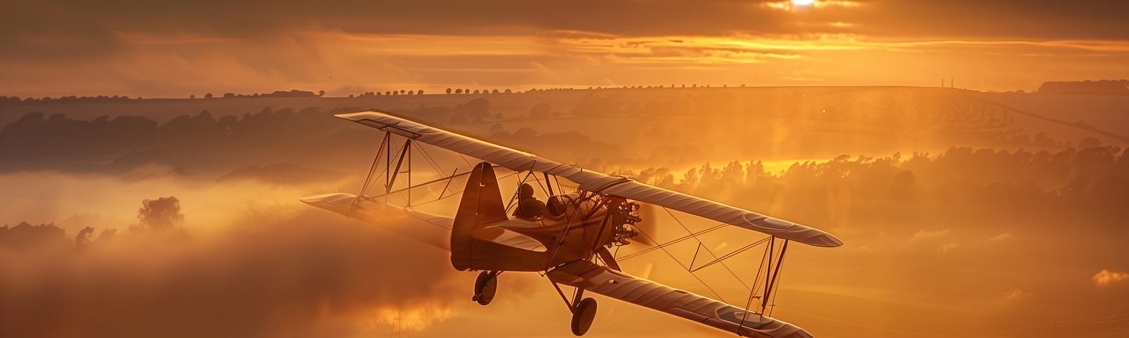 A vintage bi-plane taking up into a red sunset sky