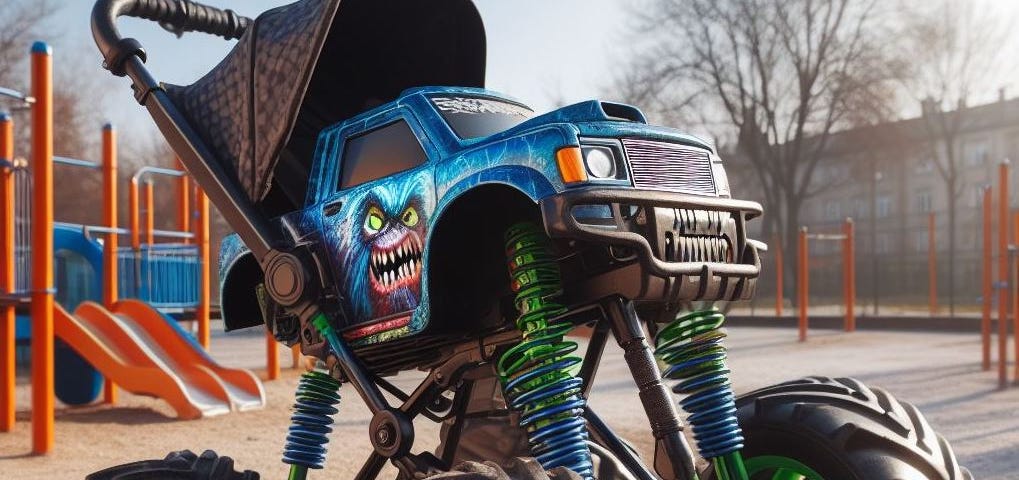 A toy monster truck with a blue body and an aggressive monster face design on the front. It’s parked on a sandy playground surface, with playground equipment and a slide in the background. The truck has large black tires with green rims, and blue and green suspension coils.