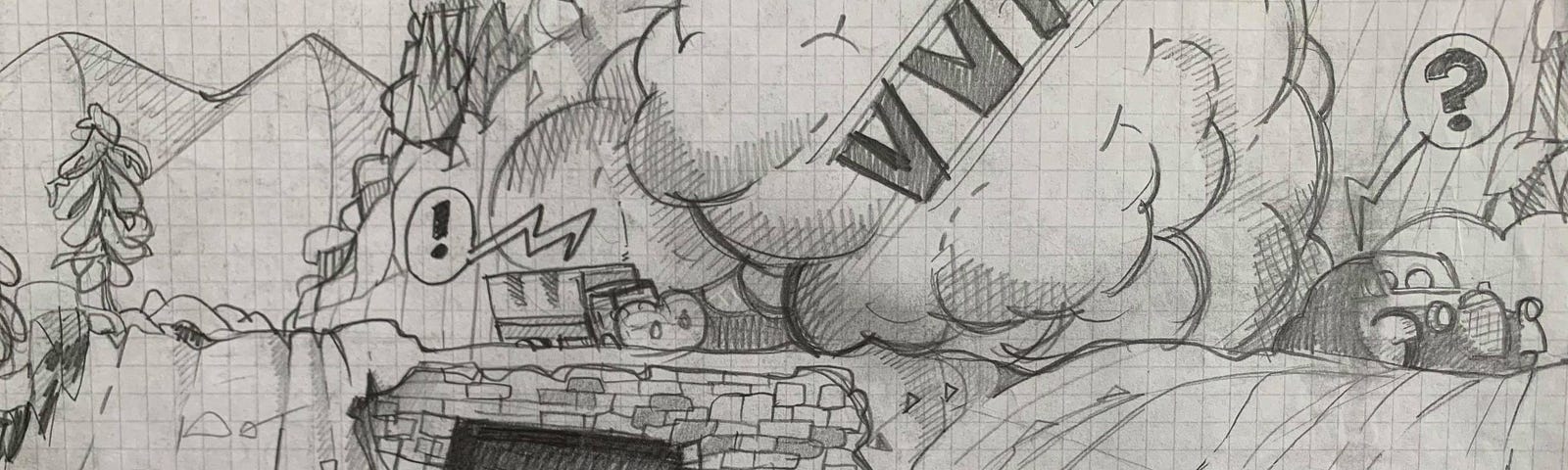 Drawing of an avalanche overtaking a small truck on a brick road.