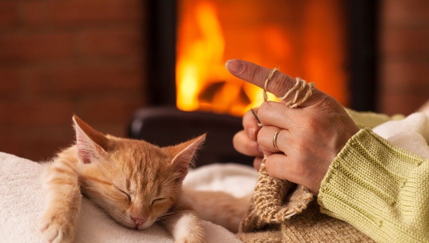 a woman slowing down by knitting with a small kitty resting on her lap in front of a fire place