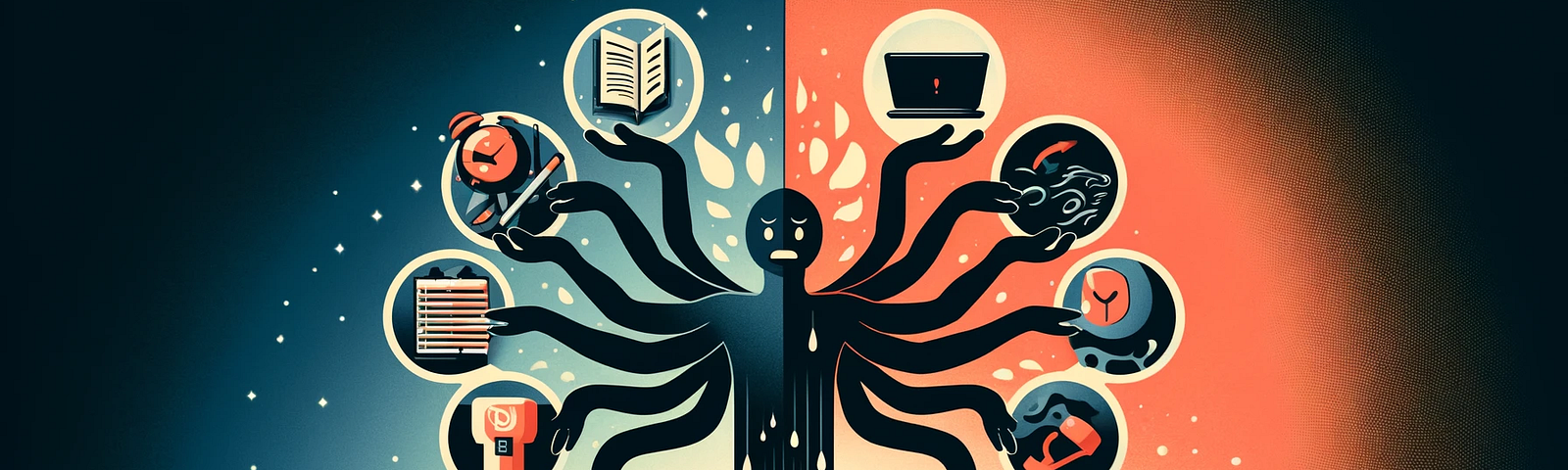 Figures showing multitasking chaos versus focused productivity in contrasting backgrounds — This Misconception Will Bleed Your Productivity Dry