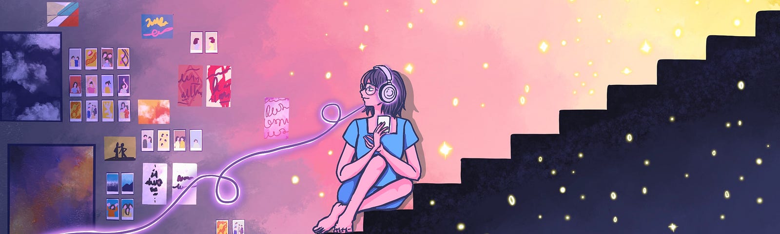 A girl sitting on the stairs wearing headphones as she looks back on the mementos, posters, and pictures from her past.