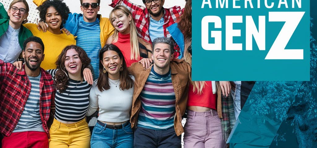 A group of American Gen Z boys and girls, on the right top corner of the image “American Gen Z” is written.