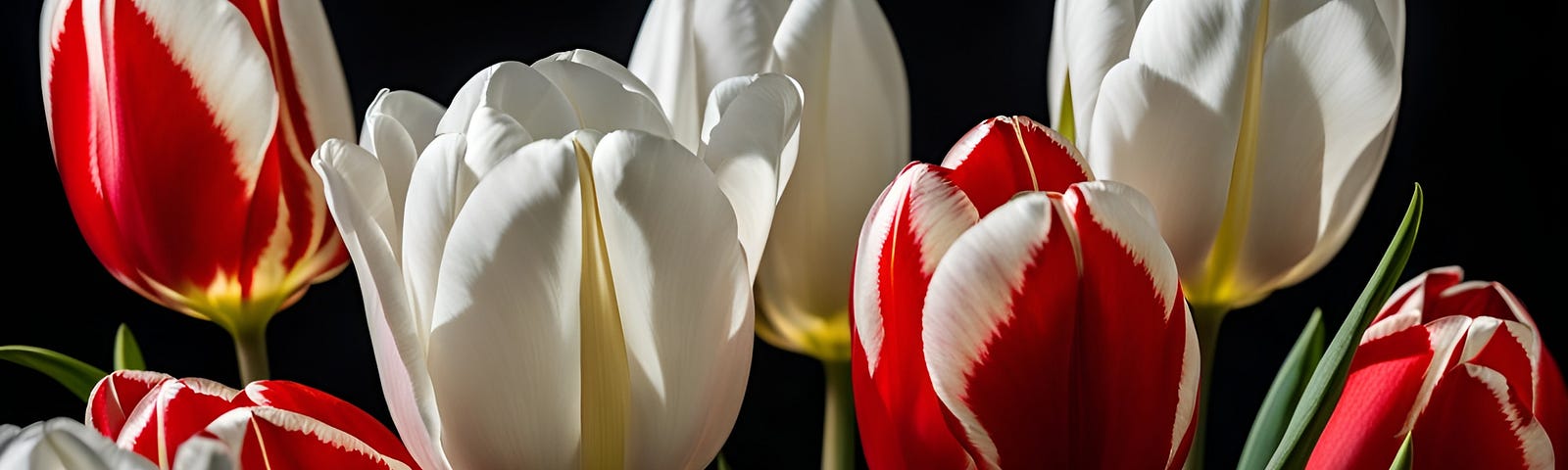 ‘Liberation’ | Image of Tulips, White and Red, Macrophotography, on a Black Background, Generated by Gustave Deresse | Writer; AI Artist in NightCafe; unedited — Dedicated to Star Love Grey.