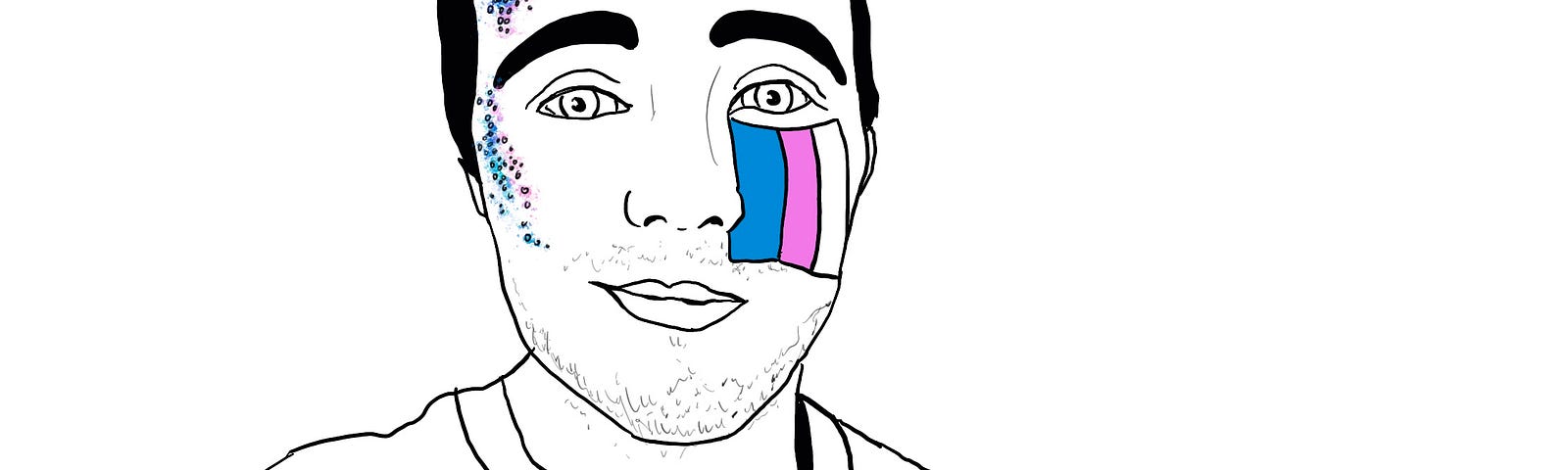 Illustration of author with transgender pride flag painted on their face