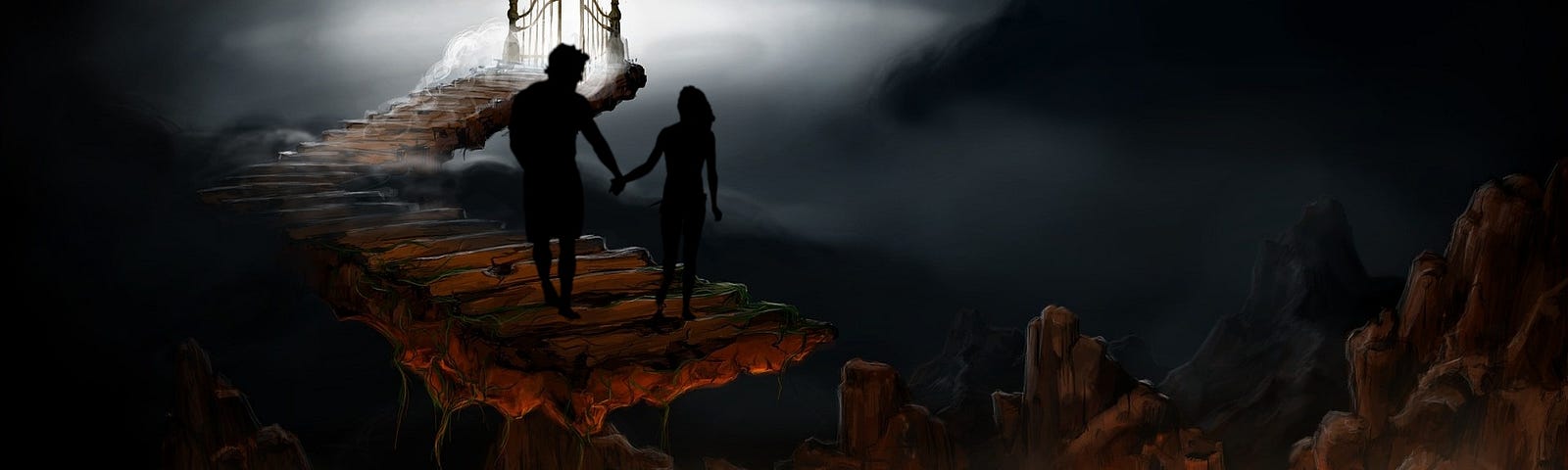 A human couple rendered in black depicted after having jumped through a broken gate and over a lava river in Hell. They’re holding hands and walk toward the Gate to Paradise. The scene is inspired by Dante’s Divine Comedy.