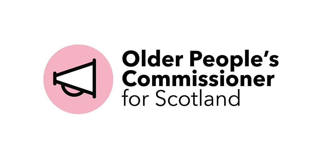 White graphic featuring a logo for Independent Age’s voice for later life campaign. A white megaphone illustration sits within a pink circle. Text reads: Older People’s Commissioner for Scotland.