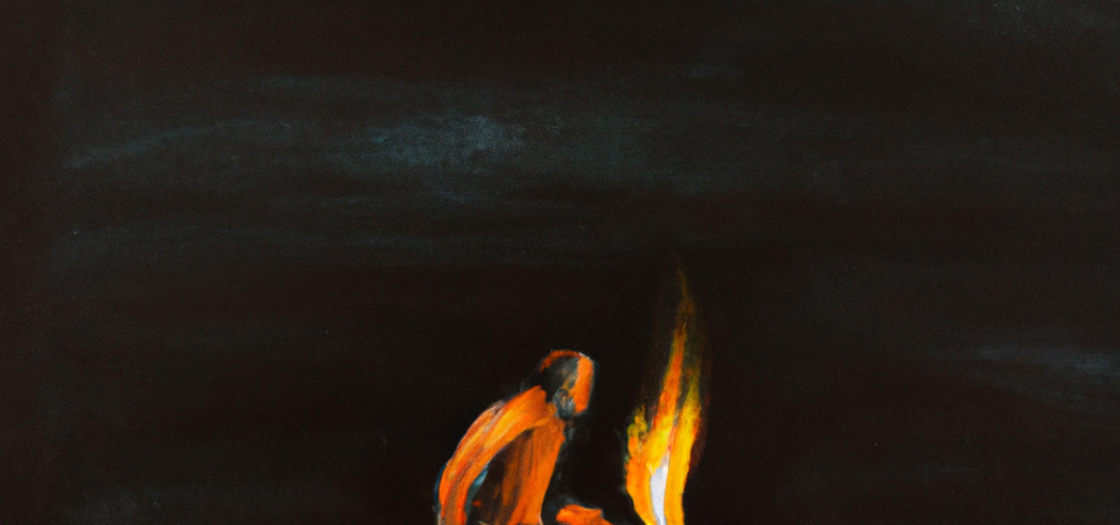 An oil painting of a tiny man running and carrying and open flame.