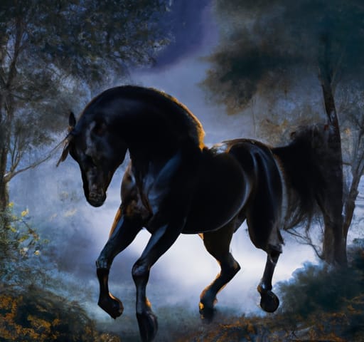 Gorgeous, graceful black mare in the forest. Mist surrounds you.