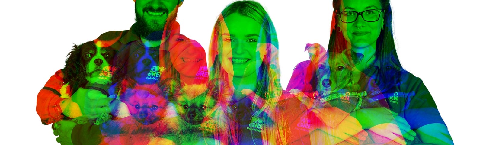 A colorful double exposure of three people, each holding a dog.