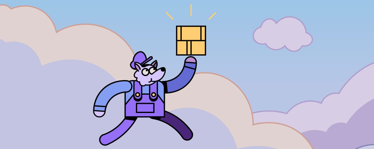 Illustration: a smiling wolf in overalls and cap leaps through lilac-colored clouds in a blue sky, carrying a shining gold brick.